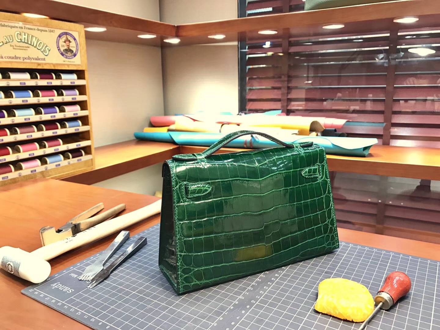 Mini Kelly Pochette 22cm 1代 晚宴包 手拿包 亮面鳄鱼 CK67 Vert Fonce 祖母绿 金扣