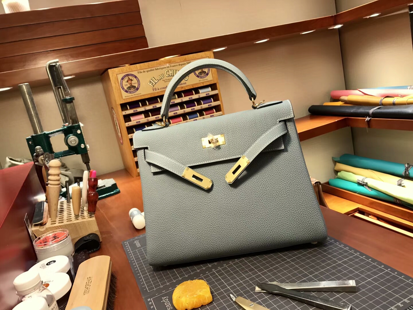 HERMES 爱马仕J7 Blue Lin 亚麻蓝 Kelly 28CM Togo皮 纯手工蜡线 法国TR级别的进口皮料 配全套专柜包装发票