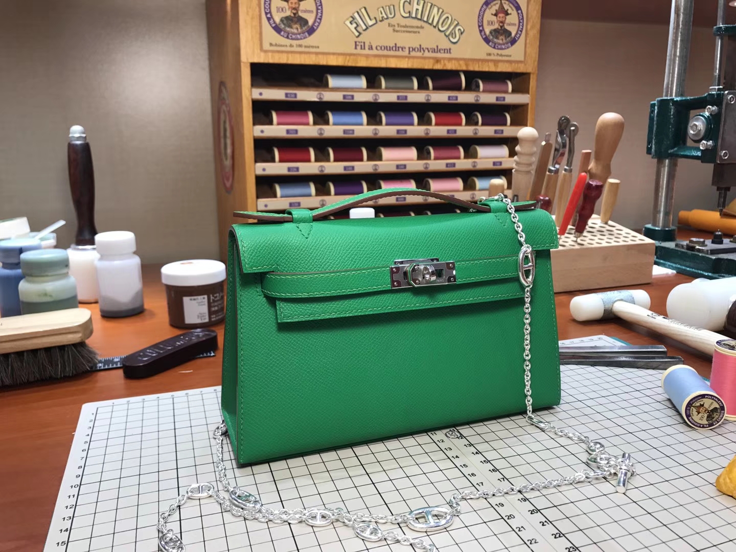 HERMES 爱马仕 Mini Kelly Pochette 22cm 迷你凯莉 MiniKelly 2 竹子绿 bambou 1k  epsom