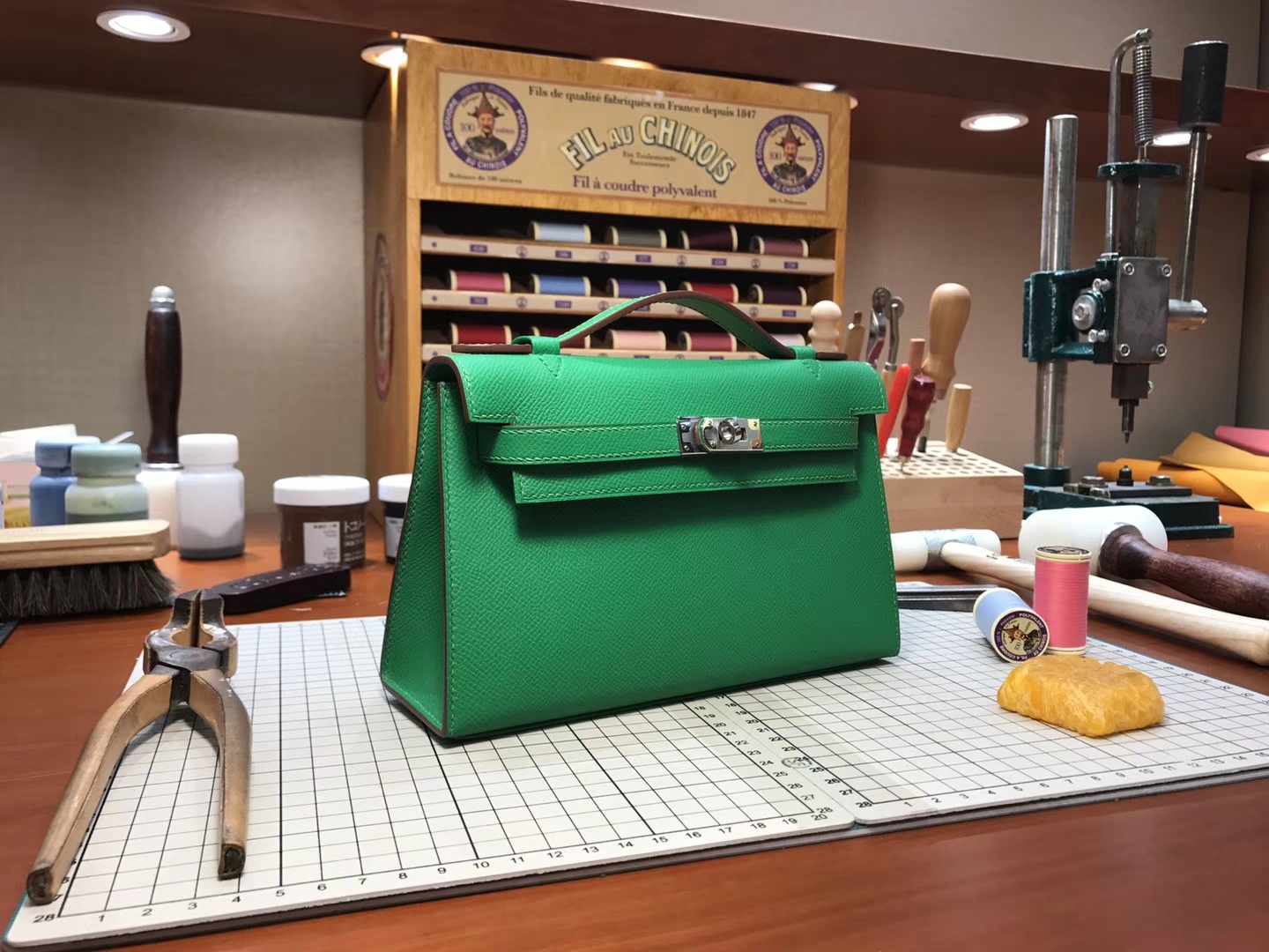 HERMES 爱马仕 Mini Kelly Pochette 22cm 迷你凯莉 MiniKelly 2 竹子绿 bambou 1k  epsom
