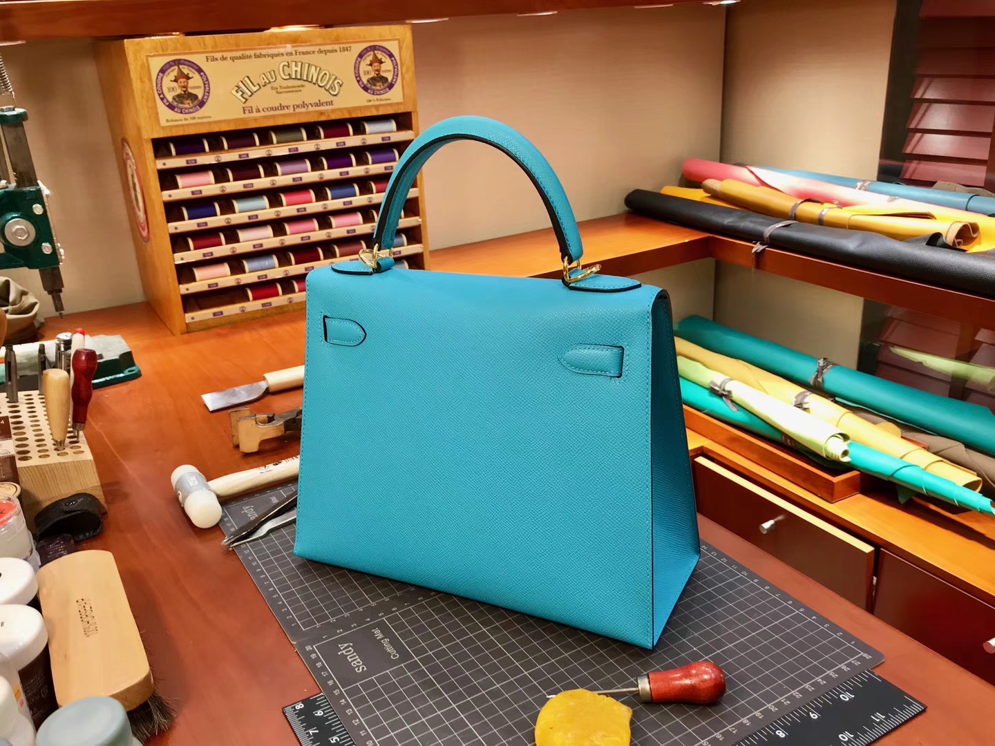 爱马仕HERMES7B 松石蓝 Turquoise Blue Kelly 28CM 现货系列 配全套专柜原版包装 掌纹