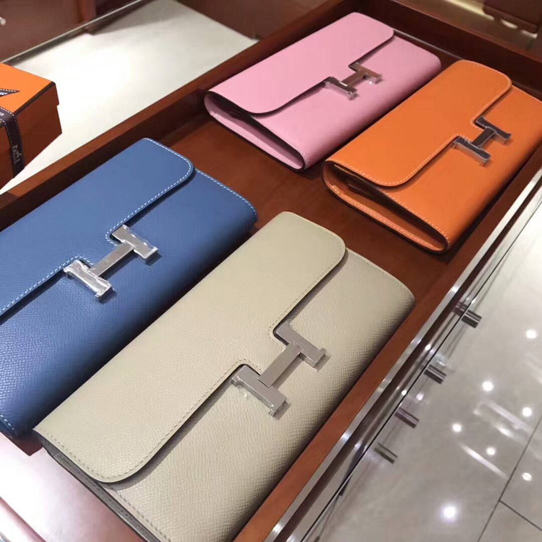 Constance 长款H扣钱包 HERMES 爱马仕 N7 风暴蓝 blue tempete 灰蓝/奶昔白 粉笔白 cc10 craie/5p 樱花粉/CC93 Orange 橙色 橘色