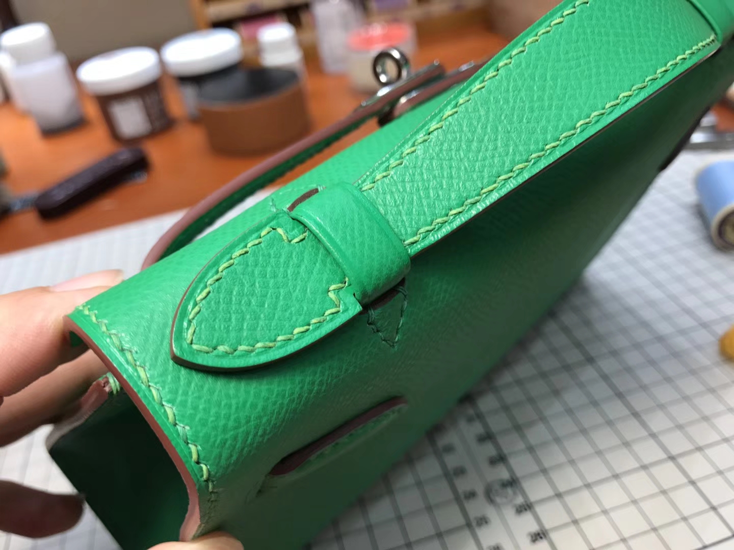 HERMES 爱马仕 Mini Kelly Pochette 22cm 迷你凯莉 MiniKelly 2 竹子绿 bambou 1k  epsom