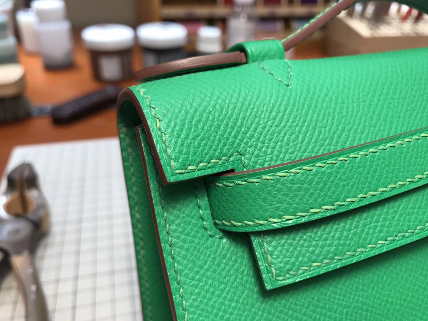 HERMES 爱马仕 Mini Kelly Pochette 22cm 迷你凯莉 MiniKelly 2 竹子绿 bambou 1k  epsom