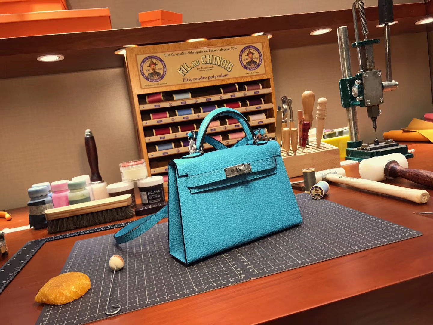 HERMES 爱马仕 Mini Kelly Pochette 22cm 迷你凯莉 MiniKelly 2 7F Blue Paon 孔雀蓝 epsom