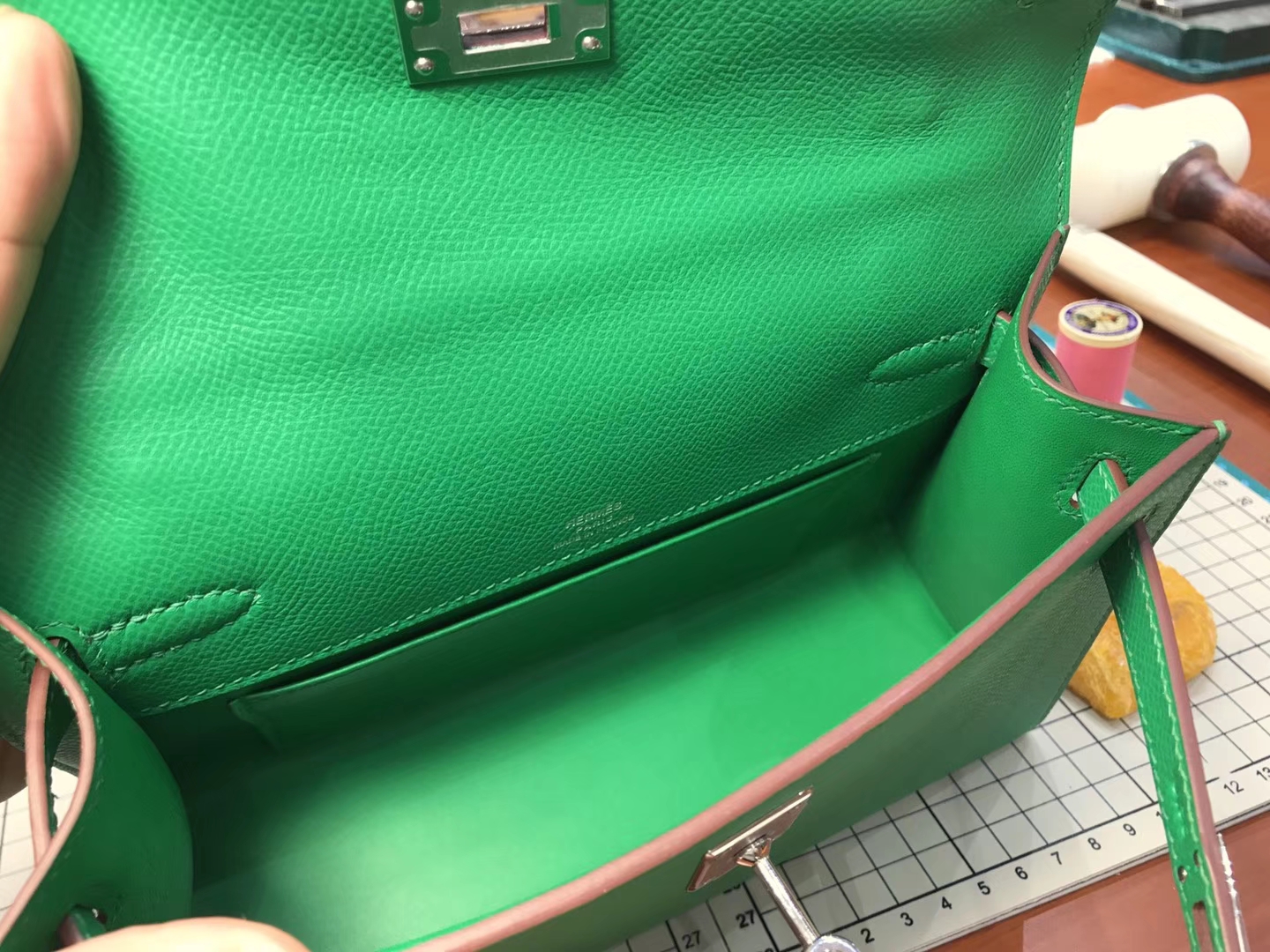 HERMES 爱马仕 Mini Kelly Pochette 22cm 迷你凯莉 MiniKelly 2 竹子绿 bambou 1k  epsom