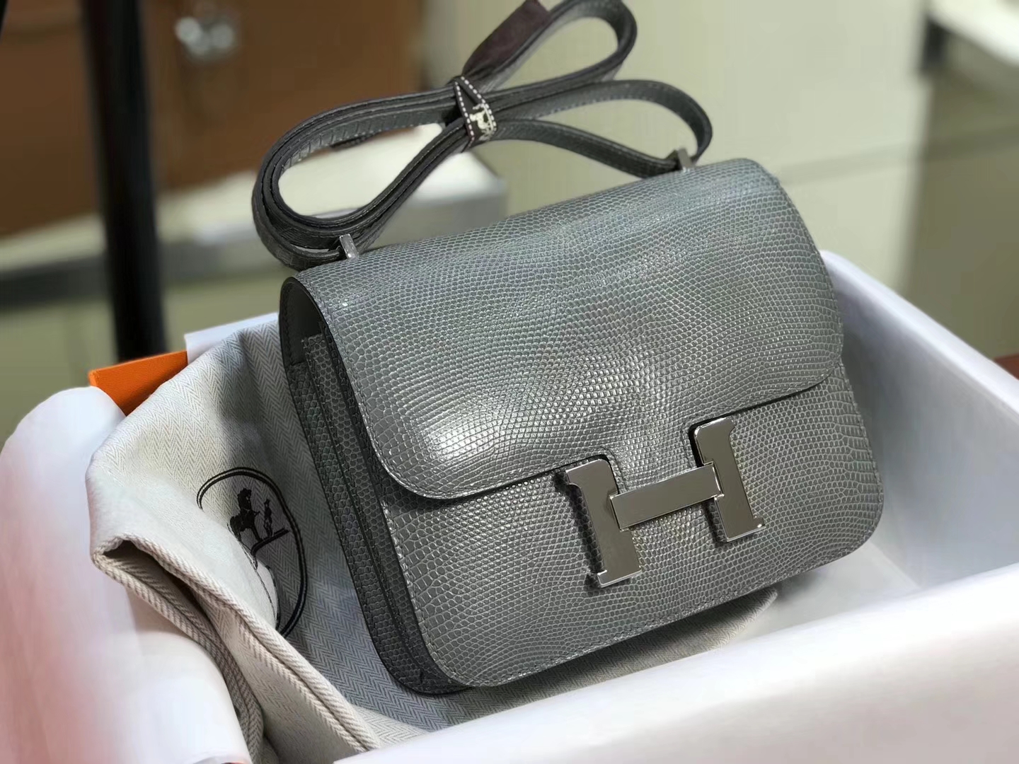 Hermes 爱马仕 空姐包 Constance 蜥蜴皮 8F Etain 银锡灰 锡器灰 定制15-20天发货 配全套专柜原版包装