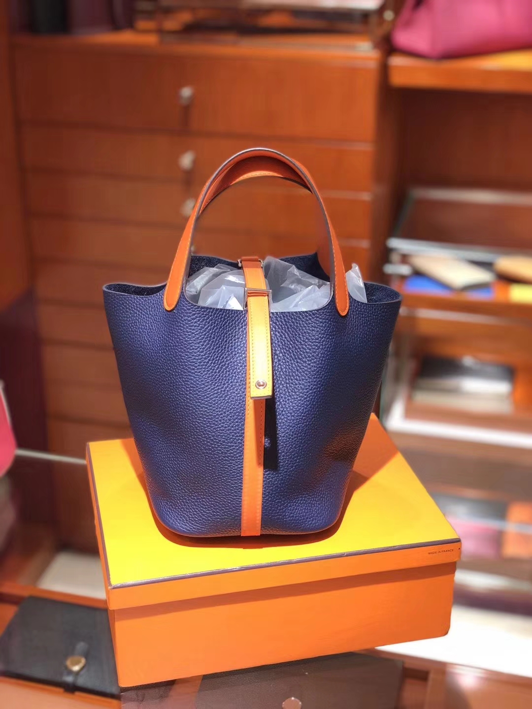 爱马仕 HERMES 菜篮子 Picotin CKN7 风暴蓝 Bleu Tempete 橙色 配全套专柜原版包装 全球发售 Togo皮