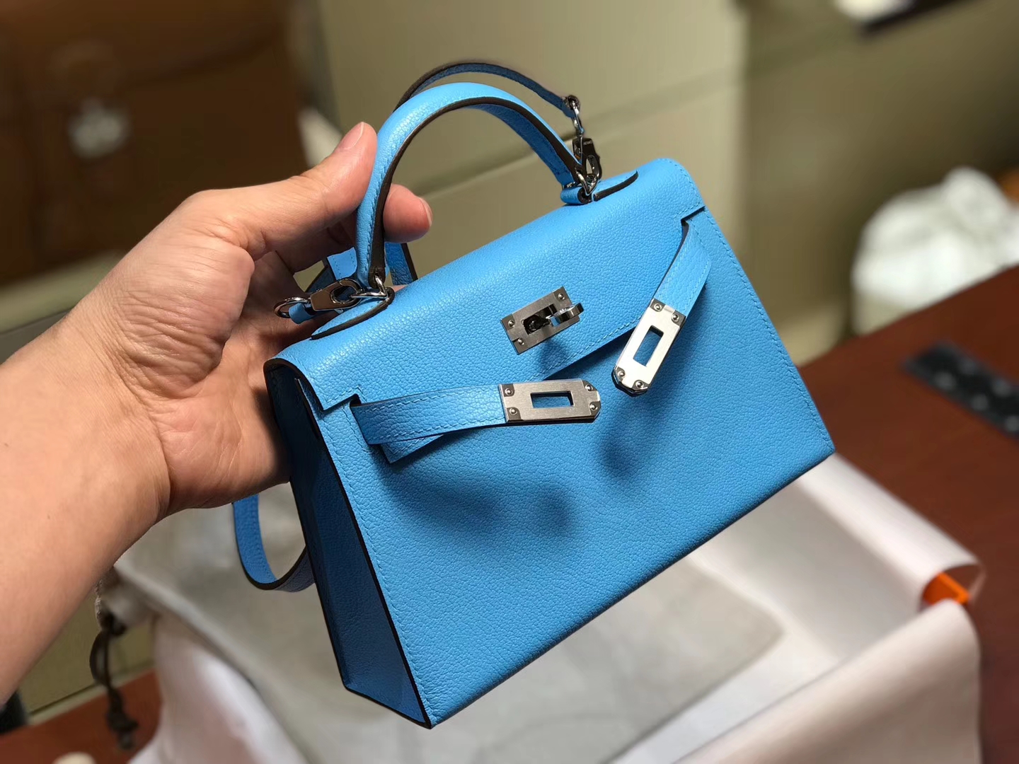 HERMES 爱马仕 Mini Kelly二代 Chevre皮 海蓝 7A