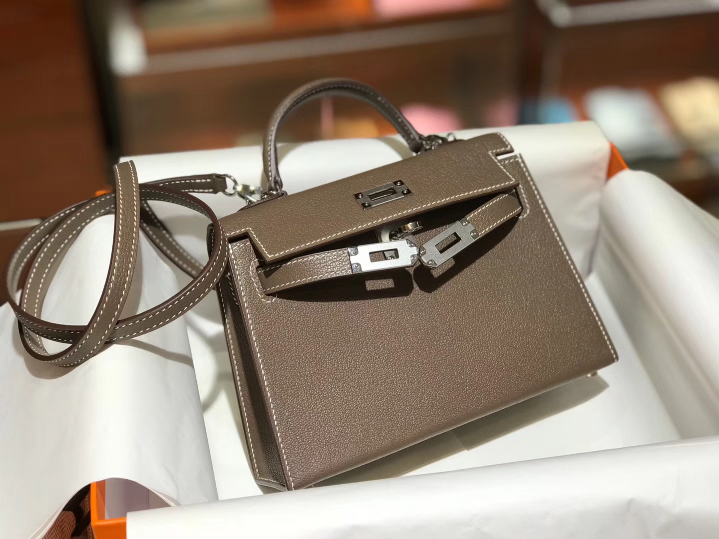 HERMES 爱马仕  Mini Kelly二代  Chevre皮 大象灰 8C