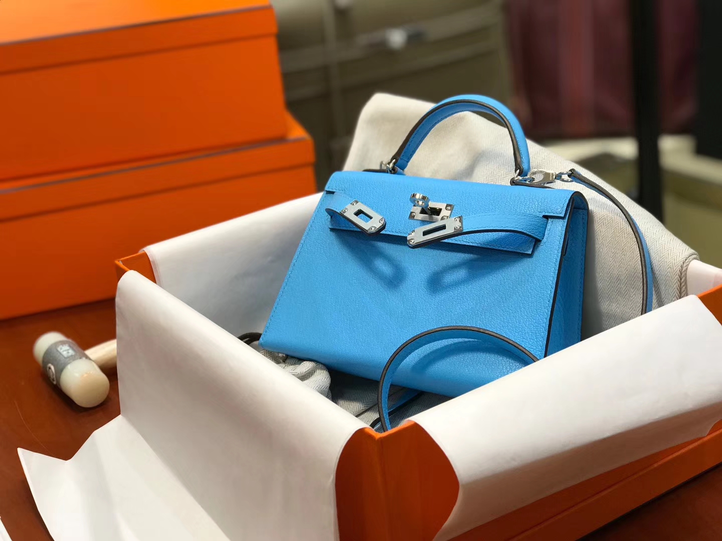 HERMES 爱马仕 Mini Kelly二代 Chevre皮 海蓝 7A