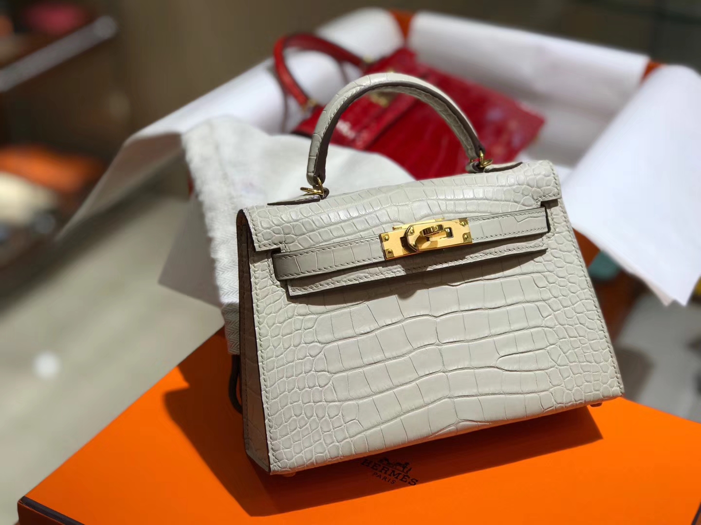 HERMES 爱马仕 Mini kelly 二代 鳄鱼皮 冰川白8L