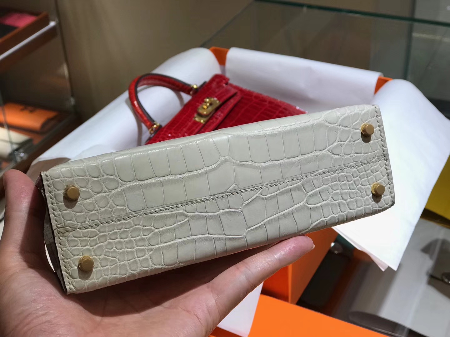 HERMES 爱马仕 Mini kelly 二代 鳄鱼皮 冰川白8L