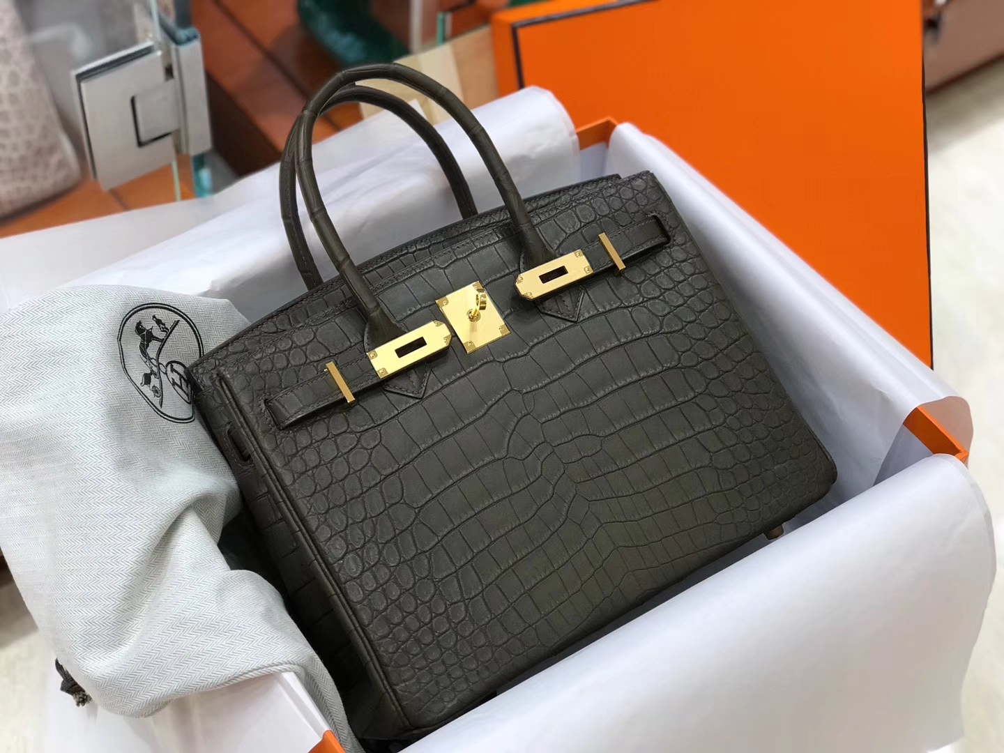爱马仕 HERMES Birkin 25cm 鳄鱼皮 现货 cc88 石墨黑 石墨灰 黑灰色 graphite