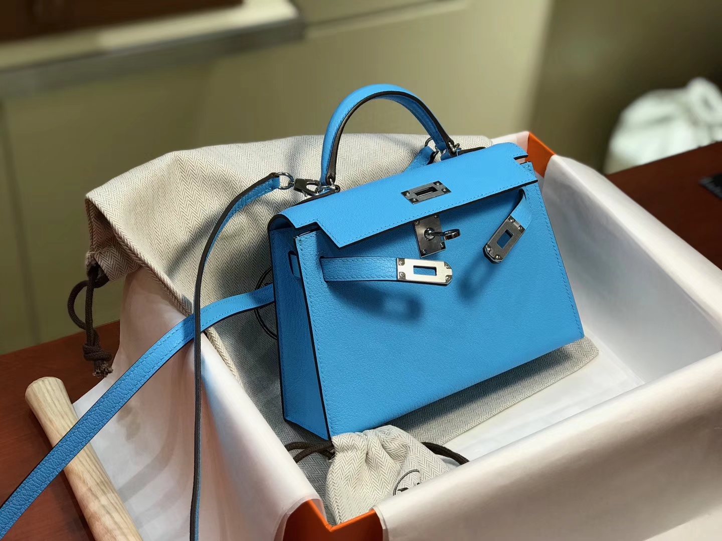 HERMES 爱马仕 Mini Kelly二代 Chevre皮 海蓝 7A