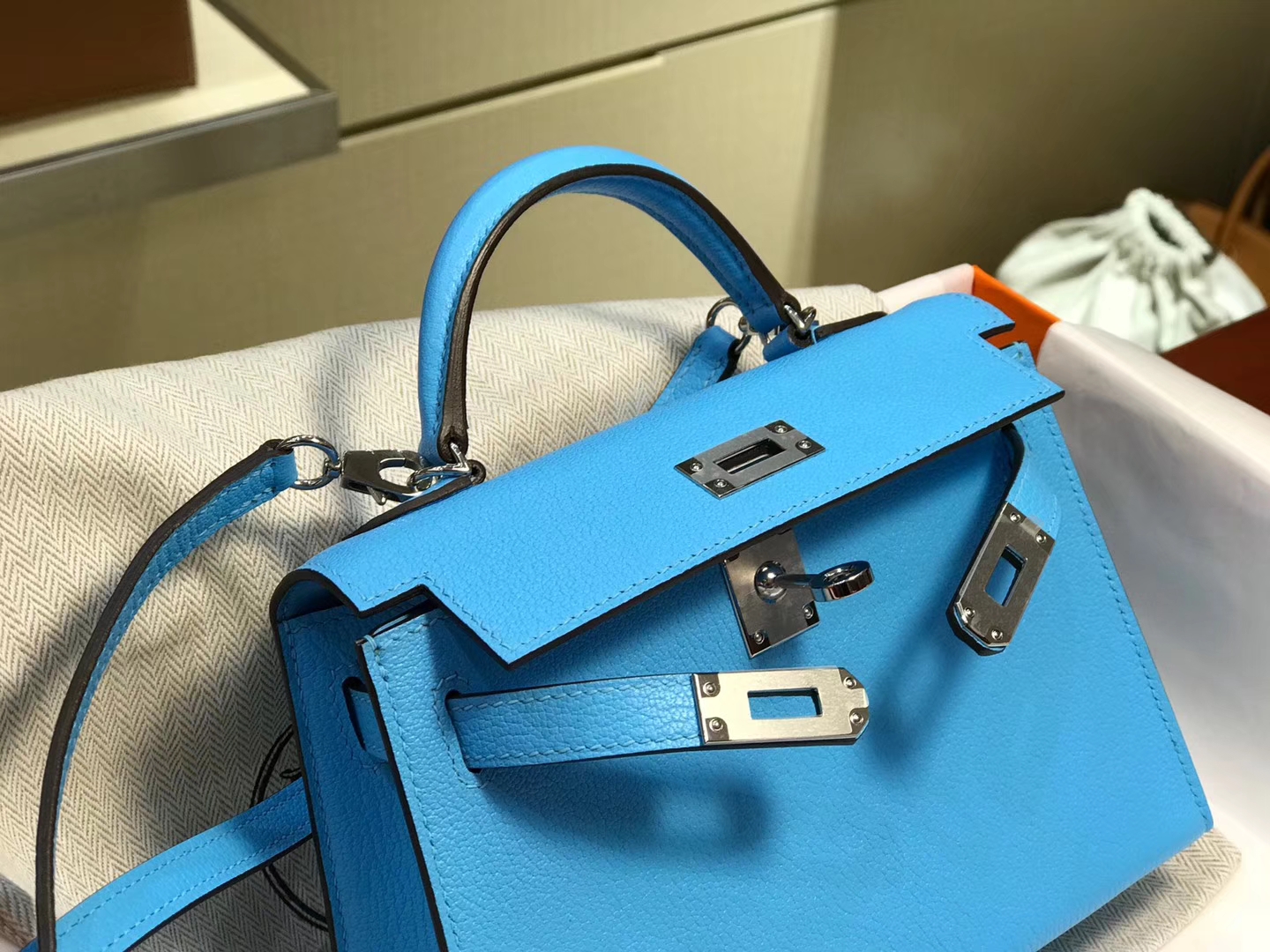 HERMES 爱马仕 Mini Kelly二代 Chevre皮 海蓝 7A