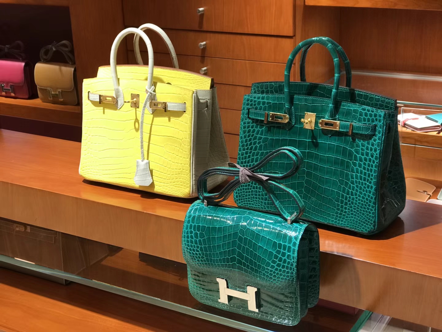 HERMES 爱马仕 Birkin 25CM  金扣 雾面鳄鱼 黄色拼珍珠灰 CK67 Vert Fonce 祖母绿 进口鳄鱼皮