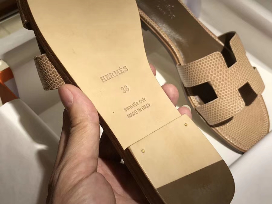 H经典蜥蜴皮拖鞋  高端订制  Ostrich leather 意大利树羔皮底 手工缝制工艺 cc14 杏色 beige