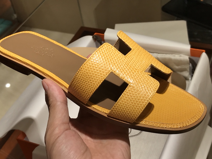 Hermes  Lizard 蜥蜴皮拖鞋 意大利树羔皮底 太阳黄