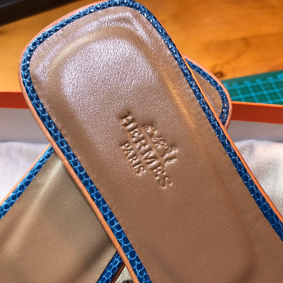 Hermes 平底拖鞋蜥蜴皮 7C Cobalt珊瑚蓝 35-39 一件代发