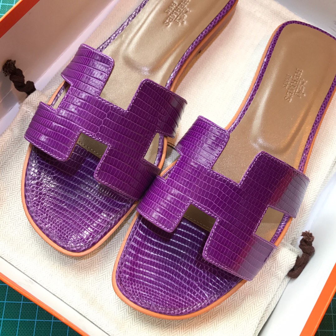 Hermes 平底拖鞋蜥蜴皮 E5 Rose Tyrien糖果粉色35-39