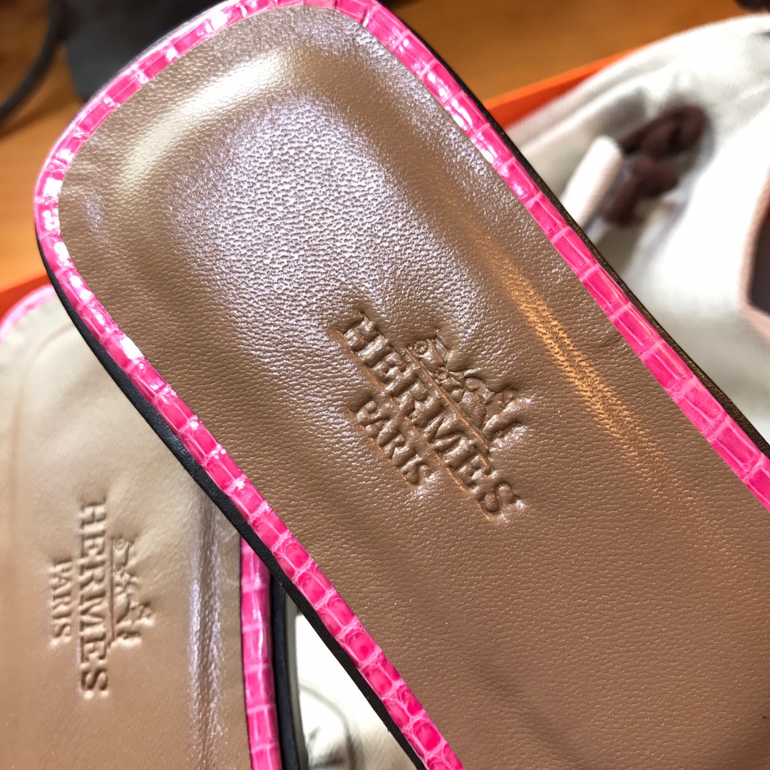 Hermes 平底拖鞋蜥蜴皮 E5 Rose Tyrien糖果粉色35-39