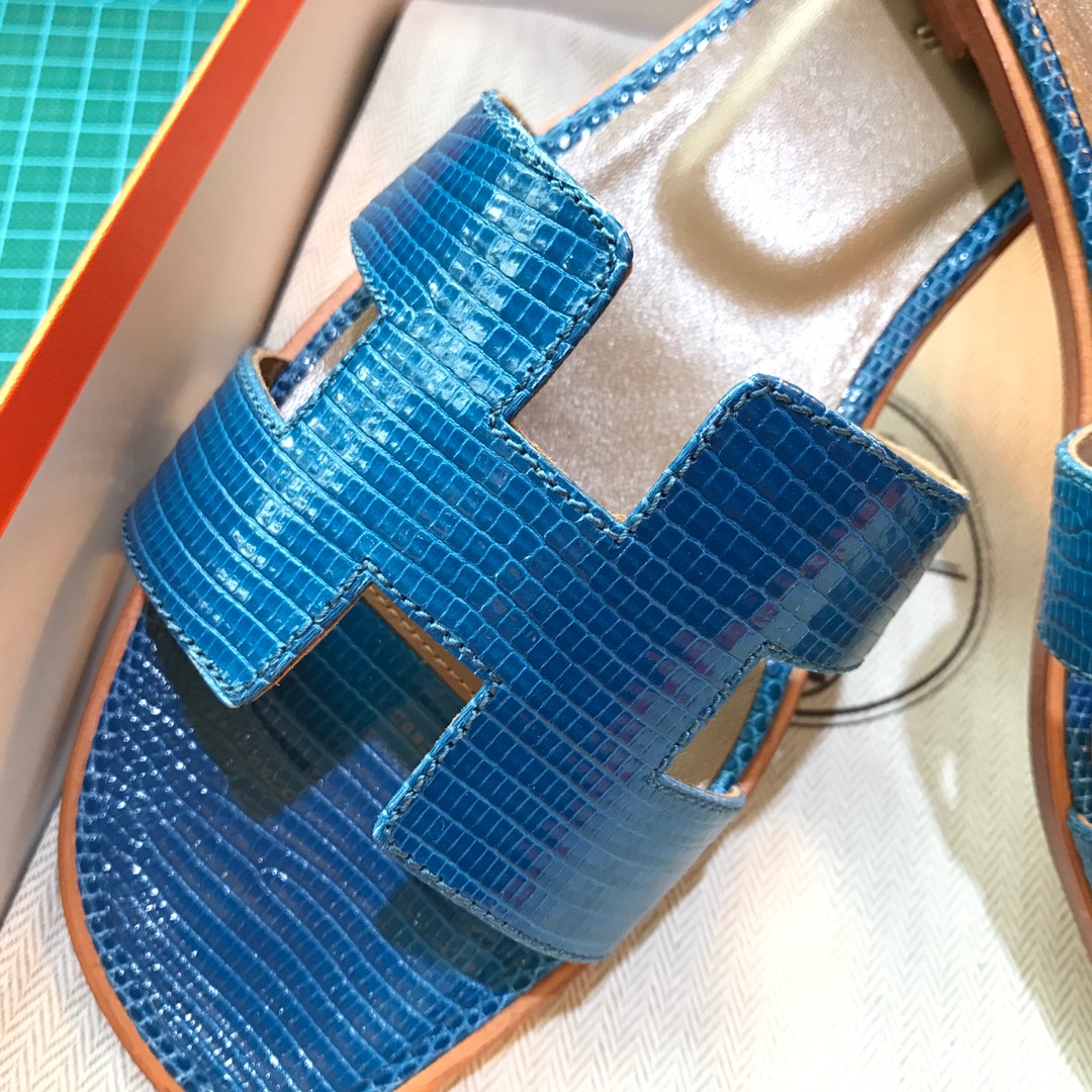 Hermes 平底拖鞋蜥蜴皮 7C Cobalt珊瑚蓝 35-39 一件代发