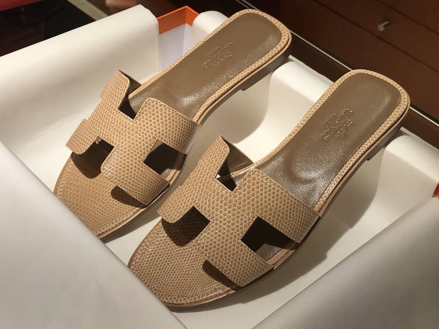 Hermes  Lizard 蜥蜴皮拖鞋 意大利树羔皮底 杏色