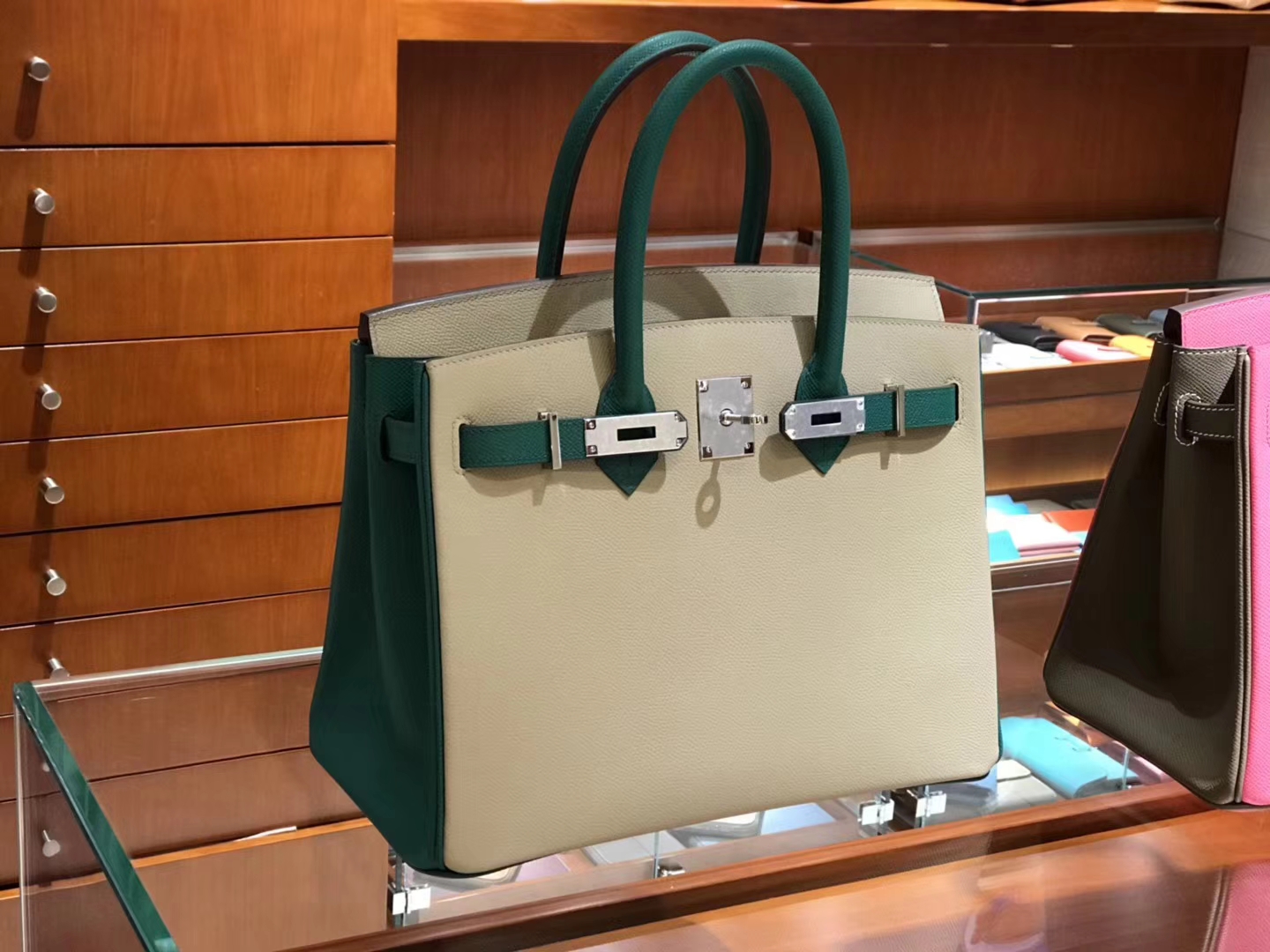 HERMES Birkin 25CM s2 风衣灰 trench 拼 孔雀绿 金银扣