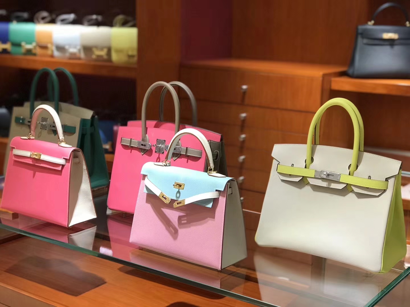 HERMES Birkin 25CM 迷你凯莉 MiniKelly 2  3P 水粉色拼马卡龙蓝 白色拼柠檬黄 金银扣