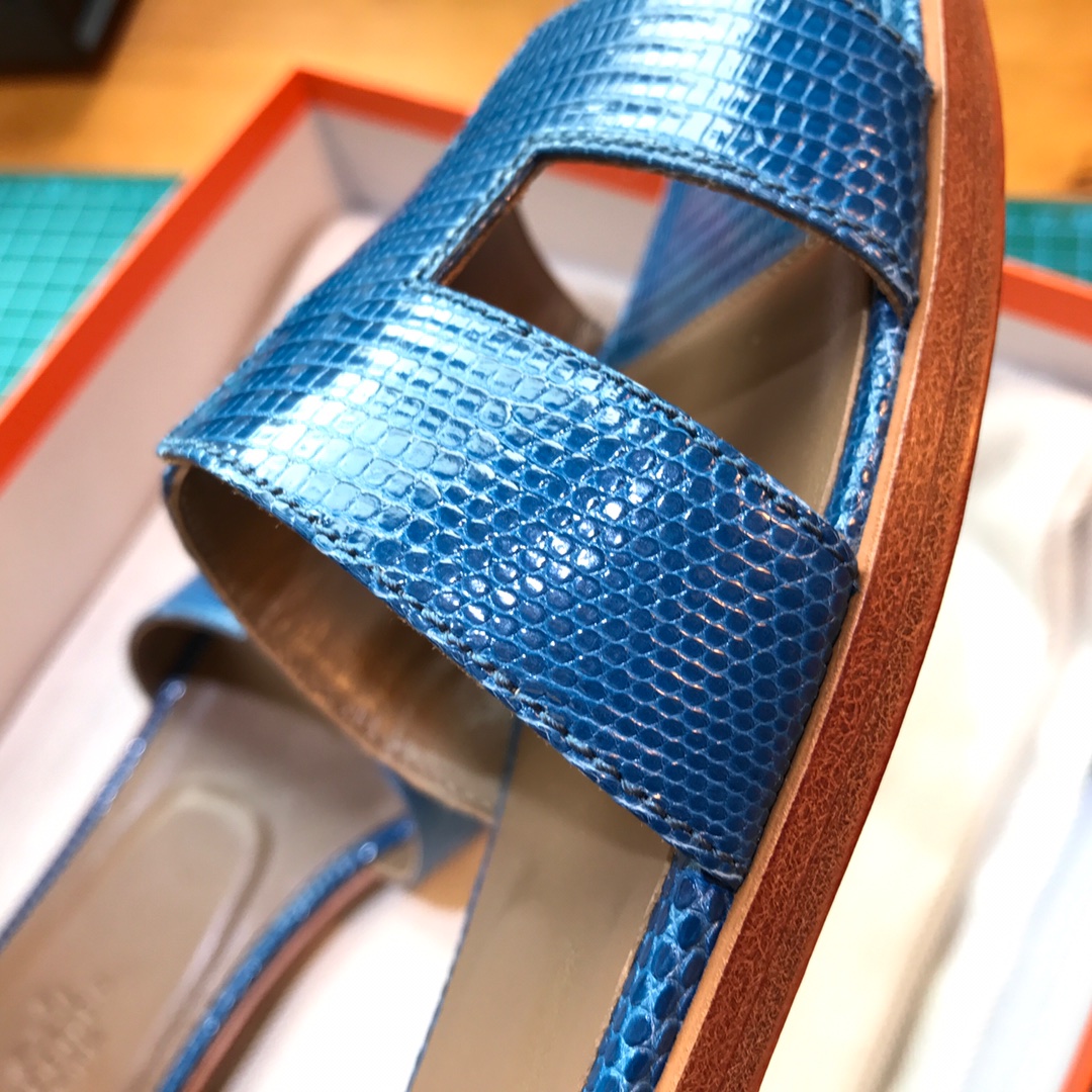 Hermes 平底拖鞋蜥蜴皮 7C Cobalt珊瑚蓝 35-39 一件代发