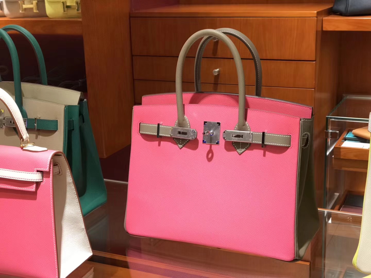 HERMES 爱马仕 Birkin 25CM U5唇膏粉Rose Lipsur拼8C大象灰 Etoupe