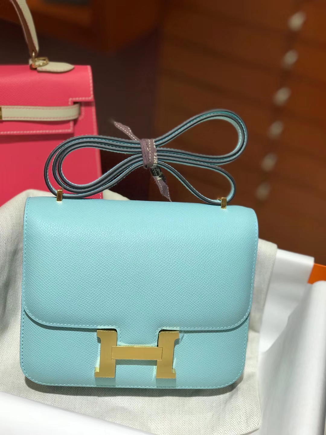 HERMES 空姐包 Constance 手掌纹 3p 马卡龙蓝 blue atol 金扣