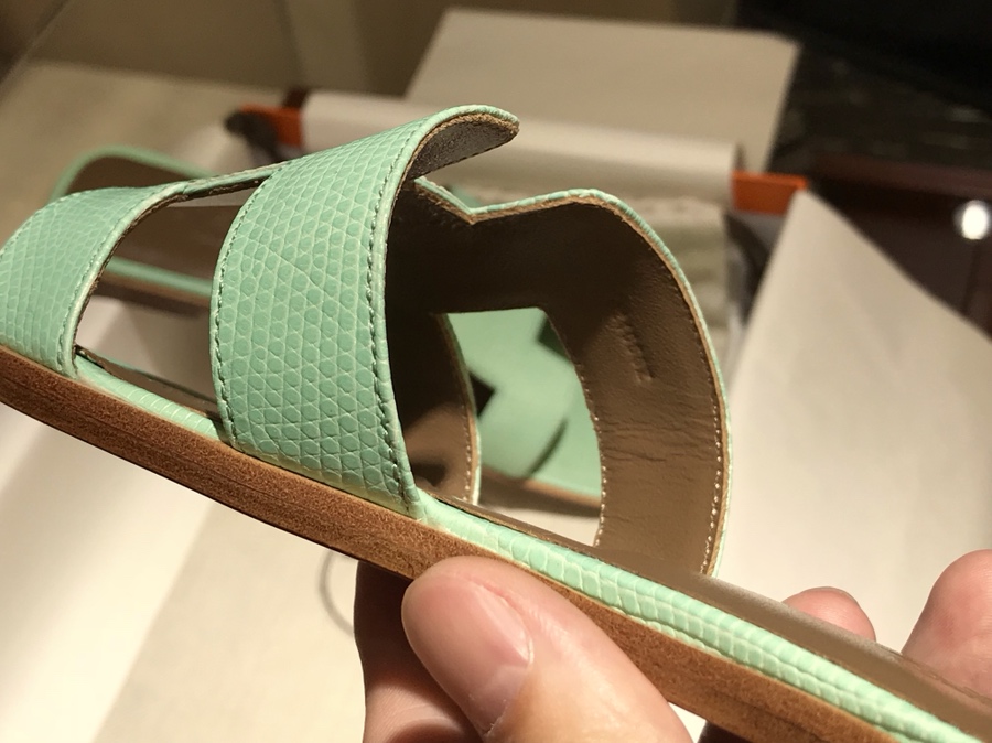 Hermes  Lizard 蜥蜴皮拖鞋 意大利树羔皮底 薄荷绿 同步专柜