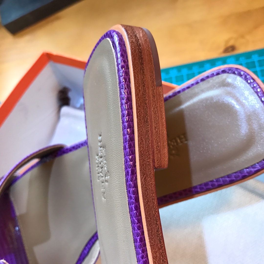 Hermes 平底拖鞋蜥蜴皮 E5 Rose Tyrien糖果粉色35-39