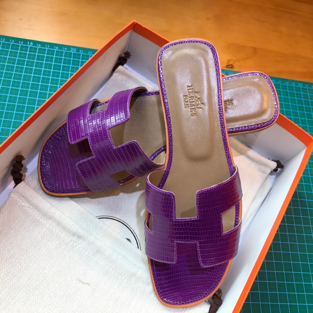 Hermes 平底拖鞋蜥蜴皮 E5 Rose Tyrien糖果粉色35-39