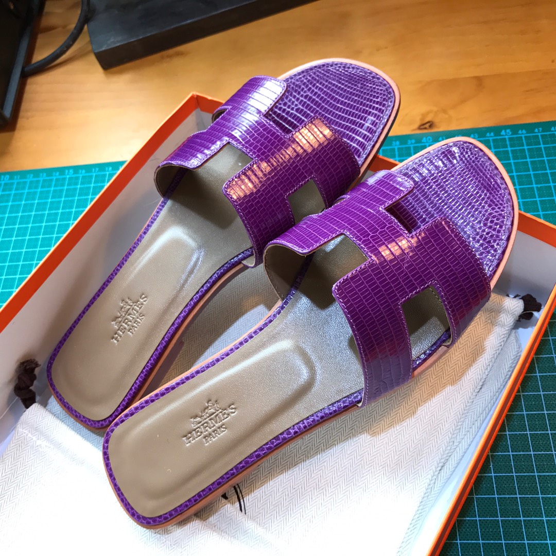 Hermes 平底拖鞋蜥蜴皮 E5 Rose Tyrien糖果粉色35-39