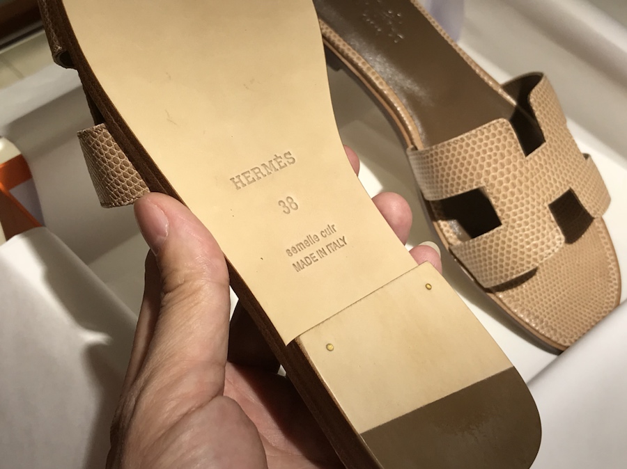 Hermes  Lizard 蜥蜴皮拖鞋 意大利树羔皮底 杏色