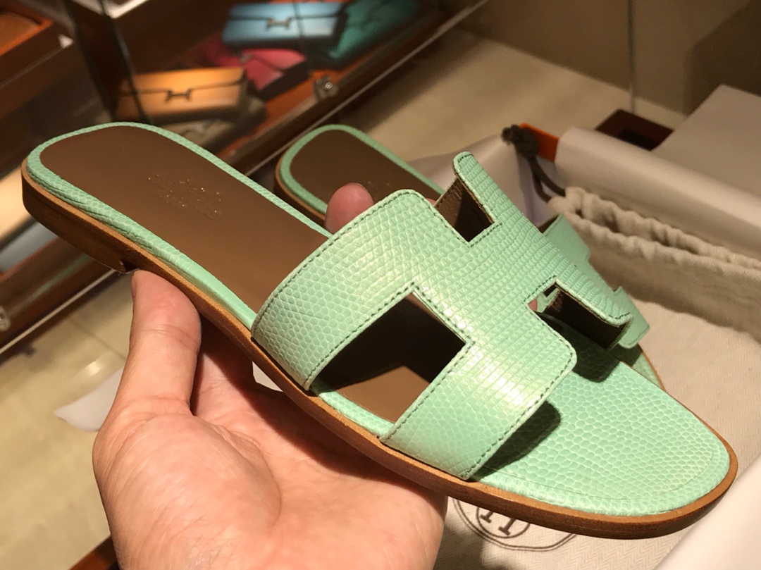 H蜥蜴皮拖鞋 Lizard leather 薄荷绿 意大利树羔皮底 手工缝制工艺 高端订制