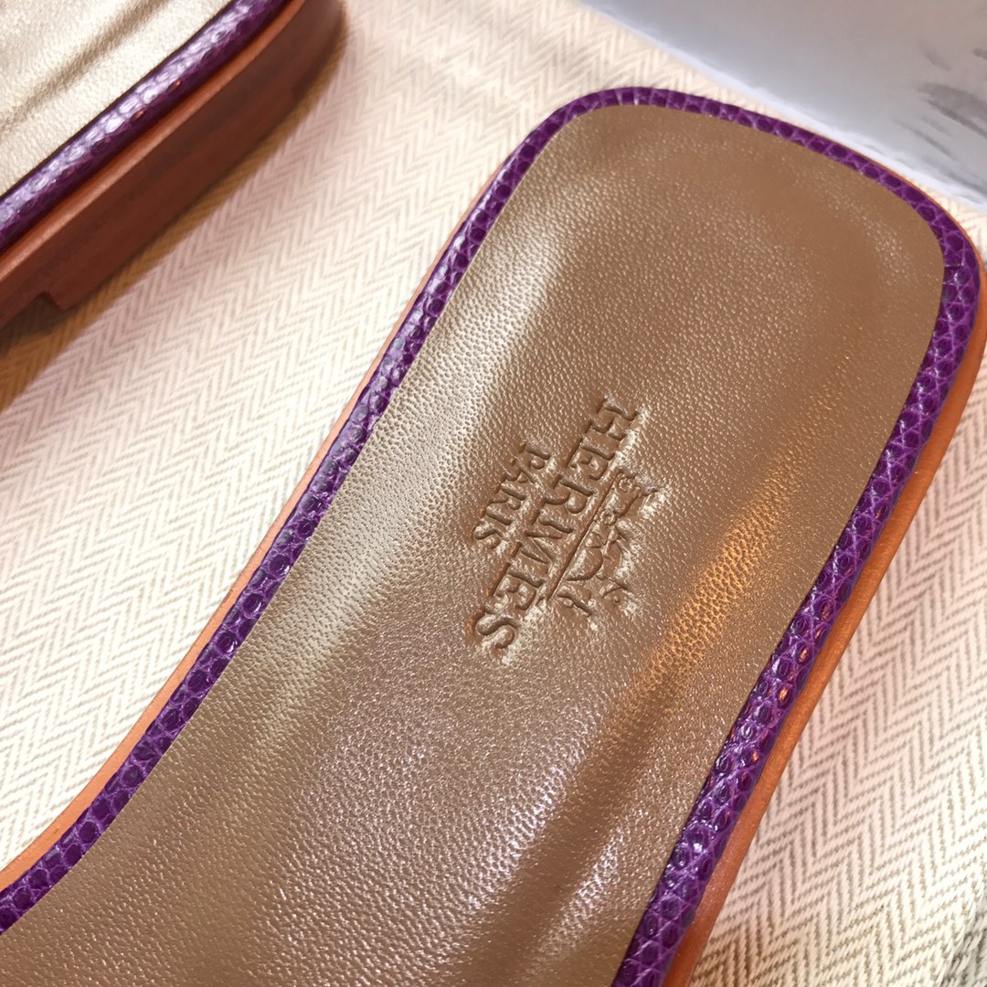 Hermes 平底拖鞋蜥蜴皮 E5 Rose Tyrien糖果粉色35-39