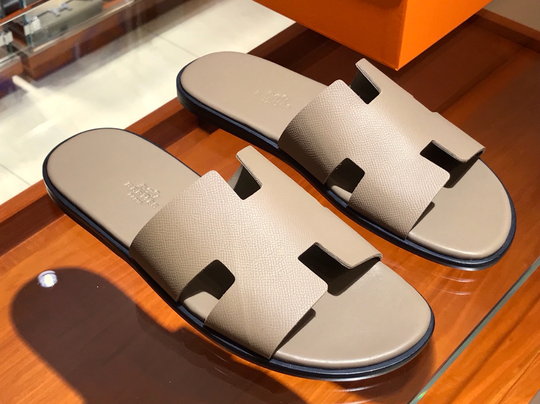 Hermes 男仕经典款拖鞋 Epsom leather  意大利树羔皮底 大象灰