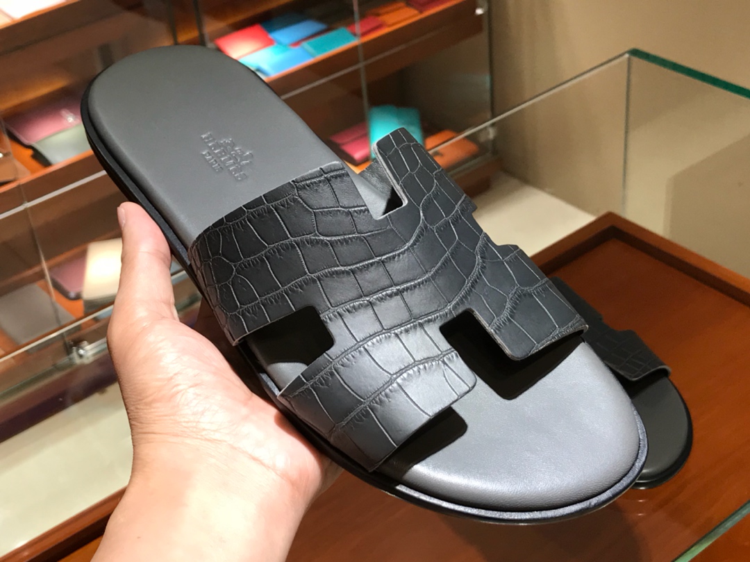 Hermes 鳄鱼皮男拖鞋 Crocodile leather  意大利树羔皮底 石墨灰