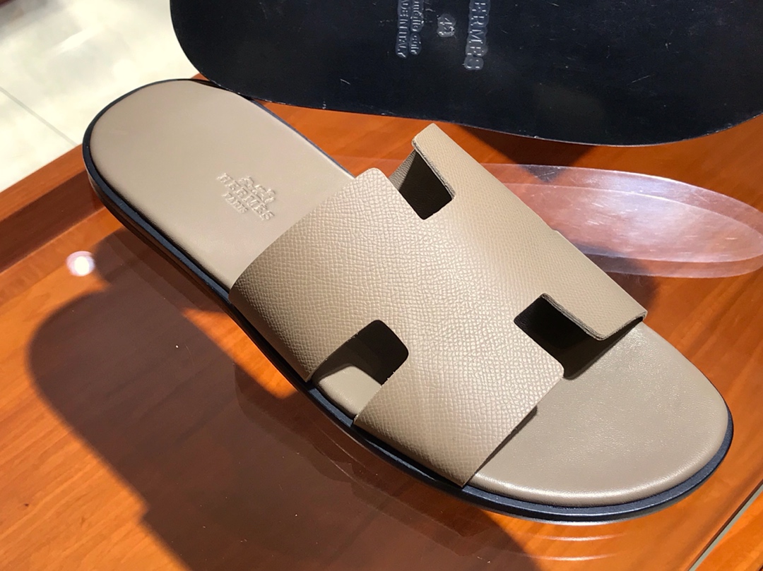 Hermes 男仕经典款拖鞋 Epsom leather  意大利树羔皮底 大象灰