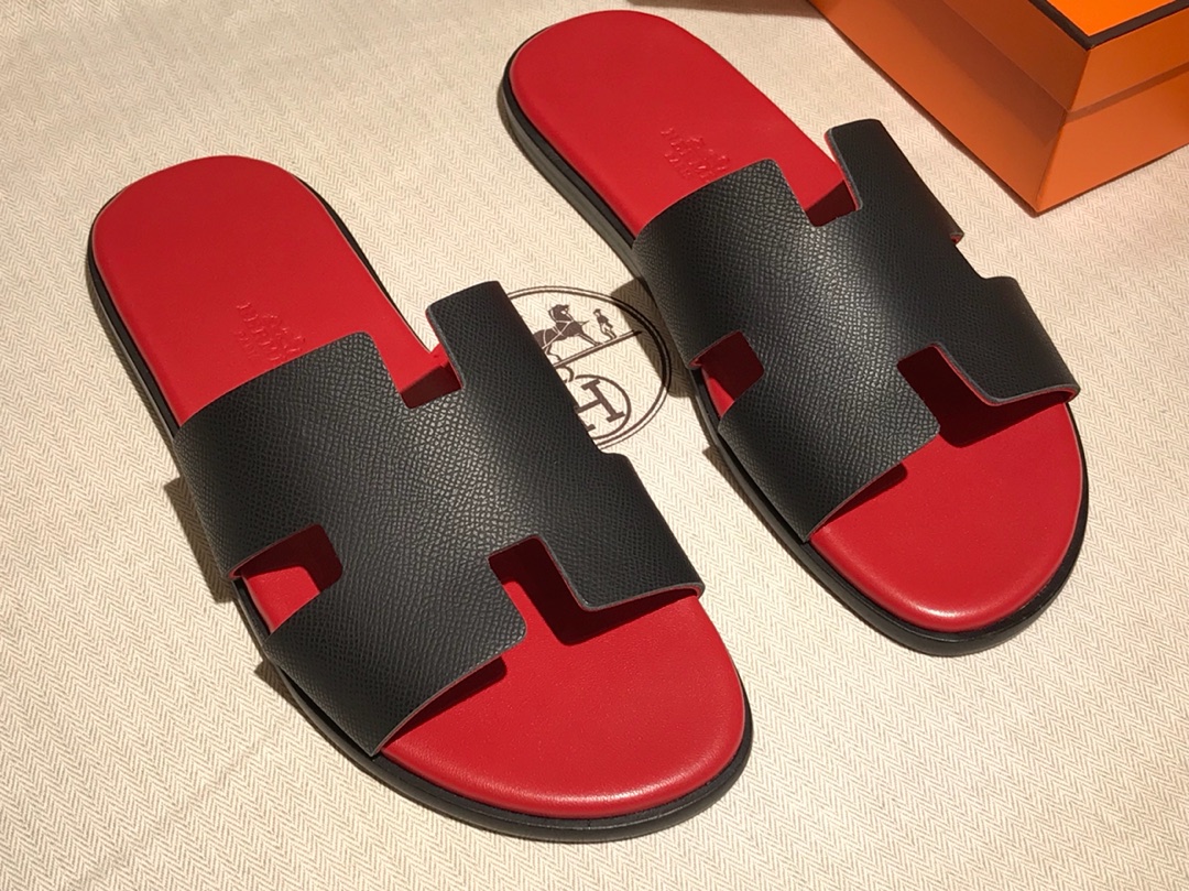 Hermes 同步专柜 男仕经典款拖鞋 Epsom leather 意大利树羔皮底 黑红