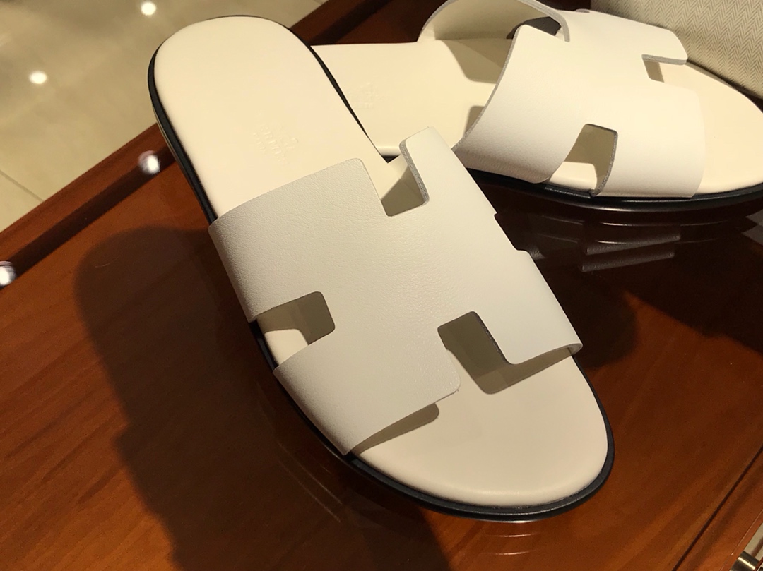 Hermes男仕经典款拖鞋 Epsom leather  意大利树羔皮底 纯白色