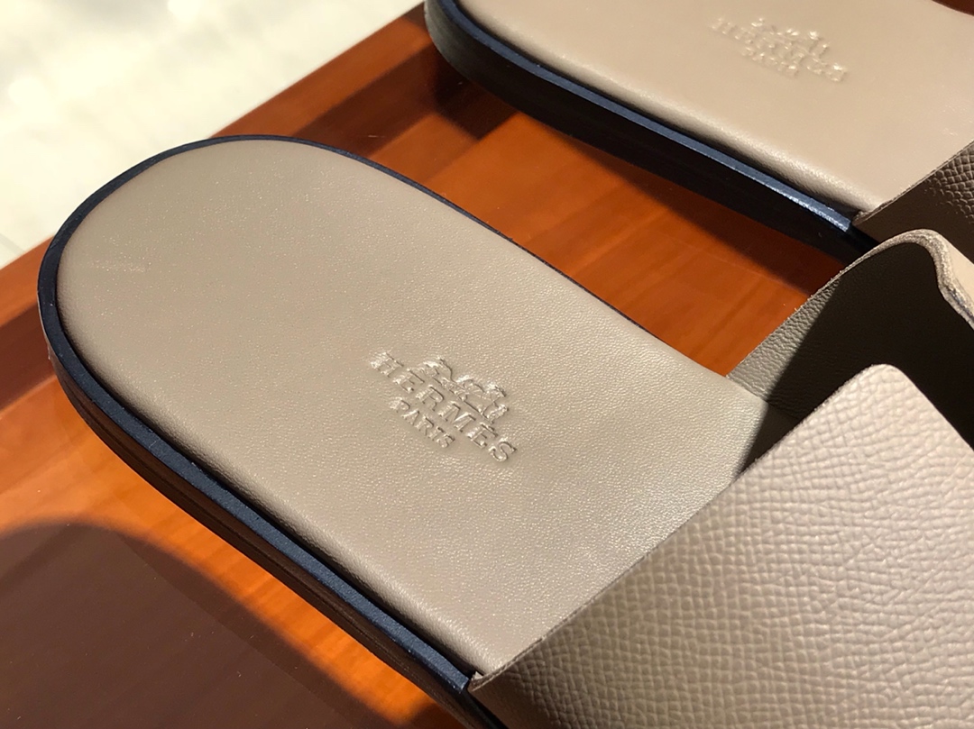 Hermes 男仕经典款拖鞋 Epsom leather  意大利树羔皮底 大象灰
