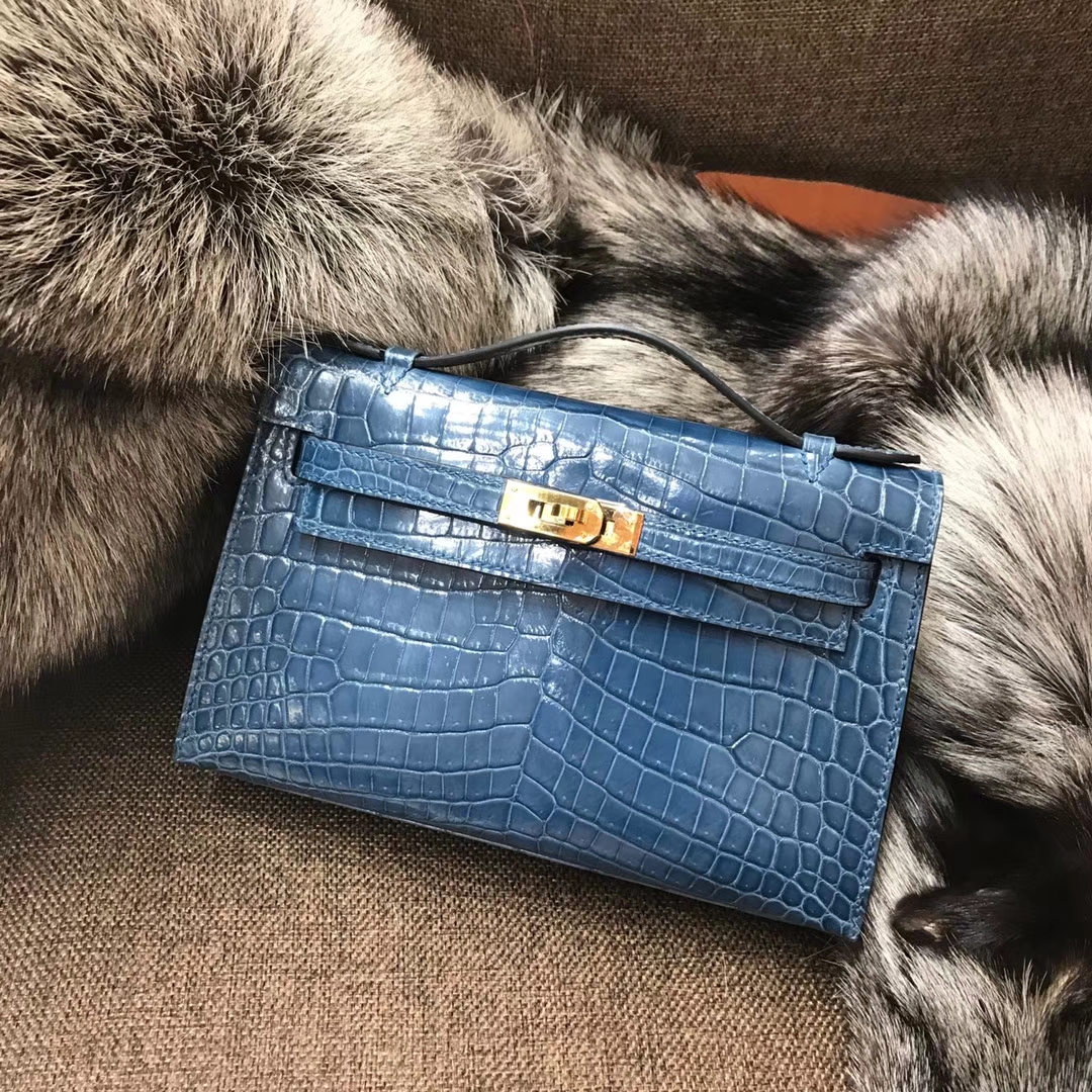 HERMES 爱马仕 Mini Kelly 22cm 手拎包 N7 风暴蓝 Blue Tempete 鳄鱼皮