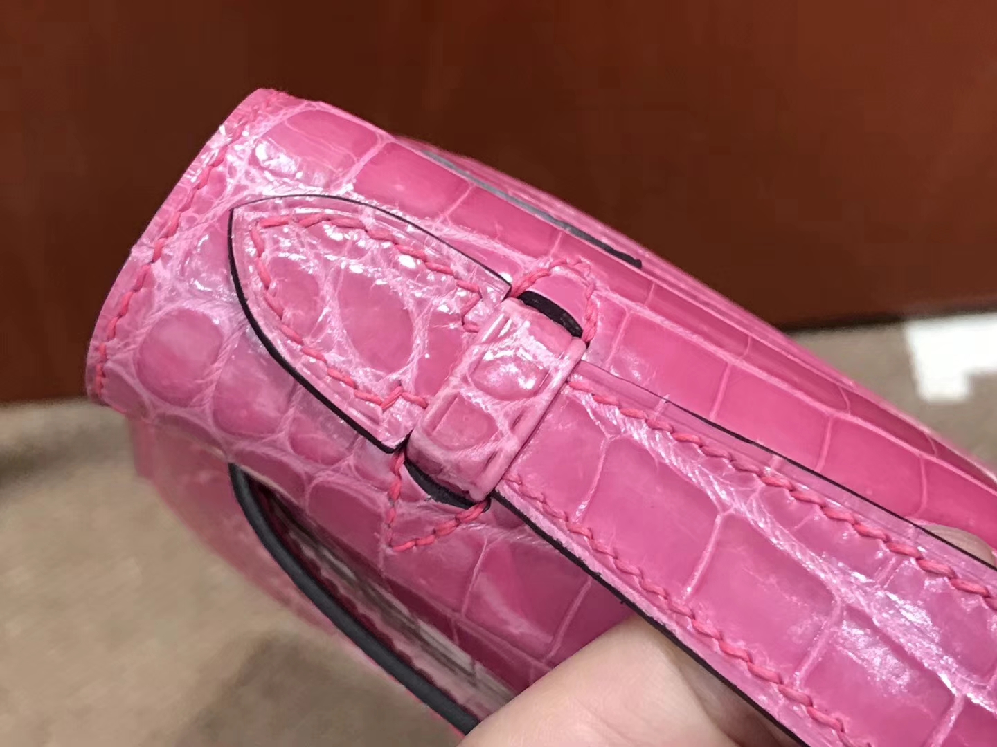 HERMES 爱马仕 Mini Kelly 22cm 手拎包 5J 桃粉色 桃红色 Fuschia Pink 鳄鱼皮