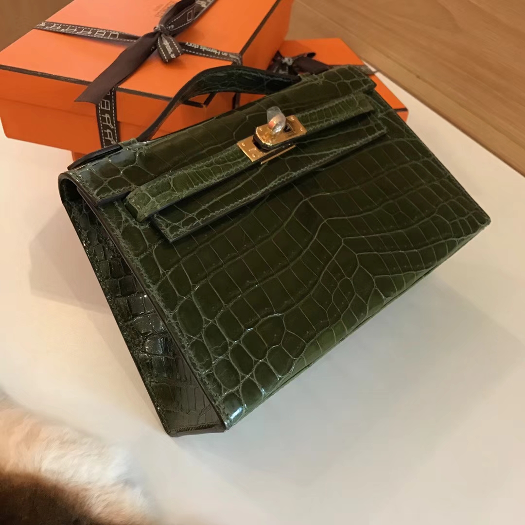 HERMES 爱马仕 Mini Kelly 22cm 手拎包 6H Veronese 橄榄绿 鳄鱼皮