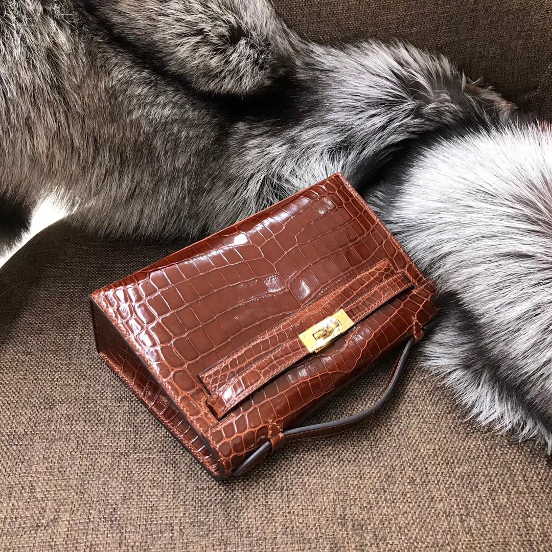 HERMES 爱马仕 Mini Kelly 22cm 手拎包 4g 深焦糖色 brulee 鳄鱼皮